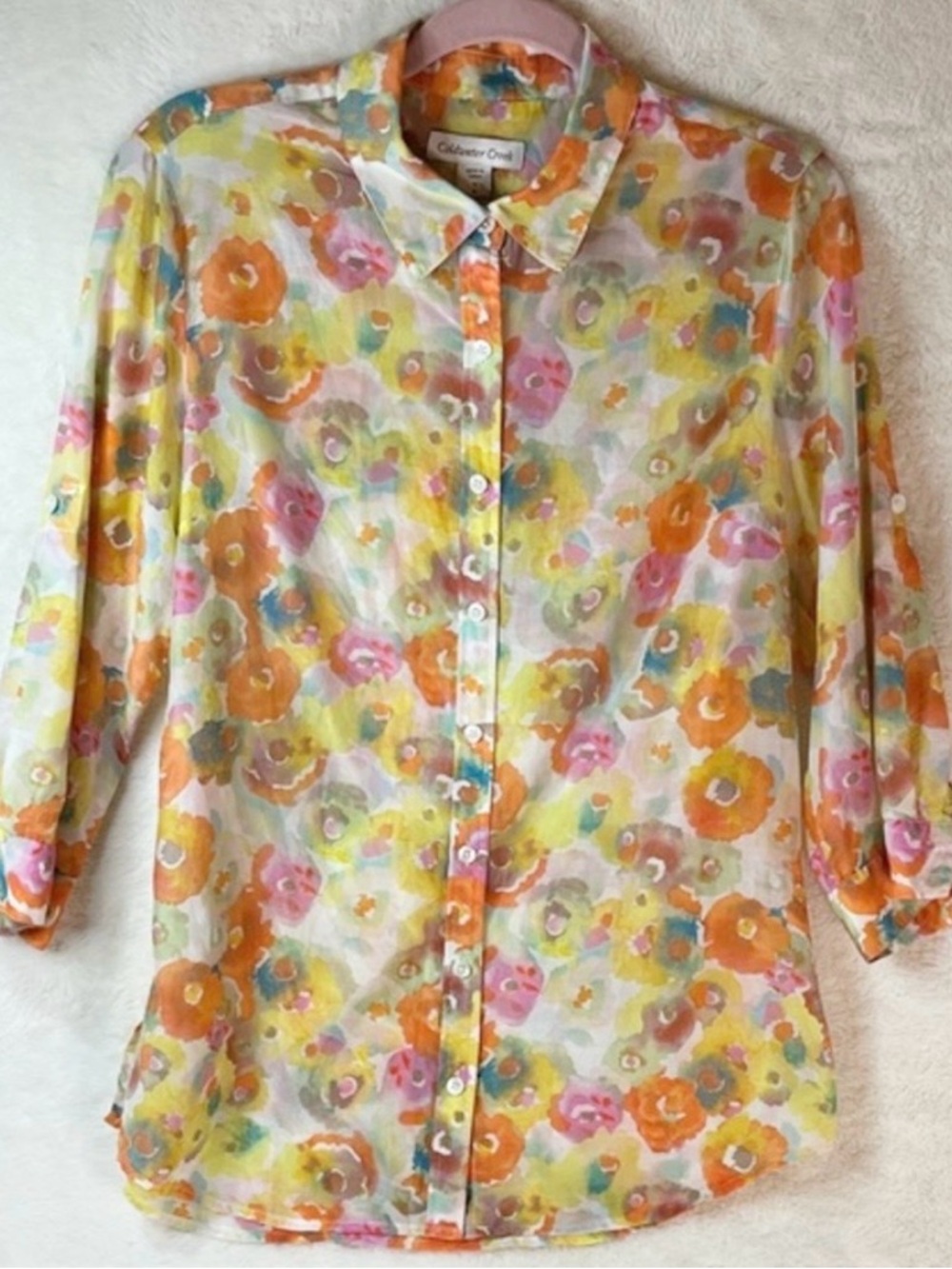 Coldwater Creek Watercolor Floral Silk Blend Blouse | 3/4 Roll Sleeve | Size 8